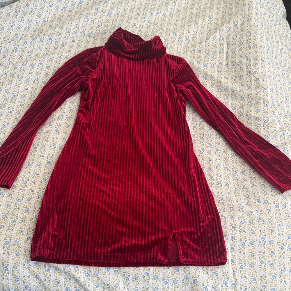 art class Red Velvet Ribbed Long Sleeve Dress